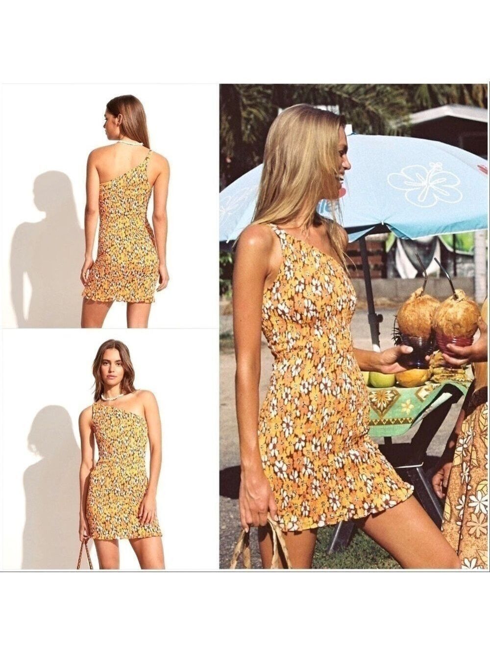 NEW Faithfull The Brand Terre Mer One Shoulder Mini Dress Floral Print Orange